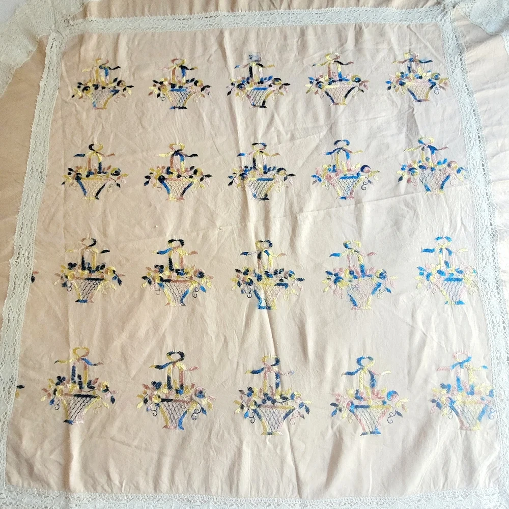 Vintage Handmade Linen Round Tablecloth Lace Ivory Floral Basket‎ Embroidery